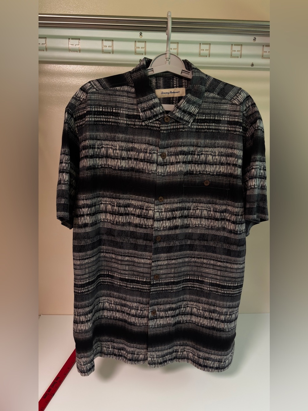 Tommy Bahama Black and Gray Striped 100% silk Short-Sleeve Button-Down Shirt